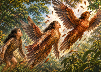 AI-generated illustration of three sisters transforming into reddish-brown birds beside a forest pond in a Khmer folktale.
