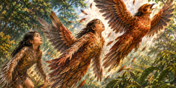 AI-generated illustration of three sisters transforming into reddish-brown birds beside a forest pond in a Khmer folktale.