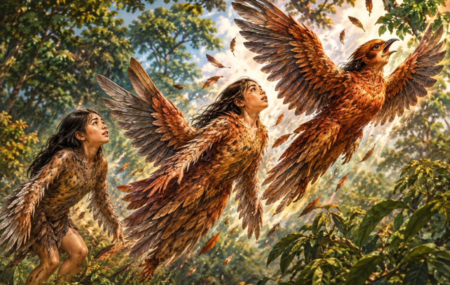AI-generated illustration of three sisters transforming into reddish-brown birds beside a forest pond in a Khmer folktale.