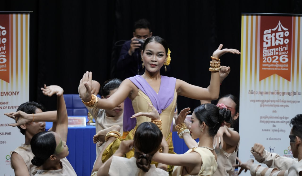 Traditional Khmer dance performance during the signing ceremony of the partnership between the Cambodia Tourism Board (CTB) and Phare Ponleu Selpak, celebrating the launch of the Tini Tinou International Circus Festival 2026 in Cambodia.