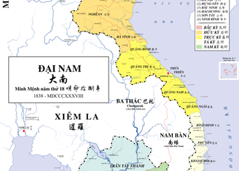 1838 map of Đại Nam showing Trấn Tây Thành in pale green, Phnom Penh as Nam Vang, and historical administrative divisions