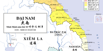1838 map of Đại Nam showing Trấn Tây Thành in pale green, Phnom Penh as Nam Vang, and historical administrative divisions